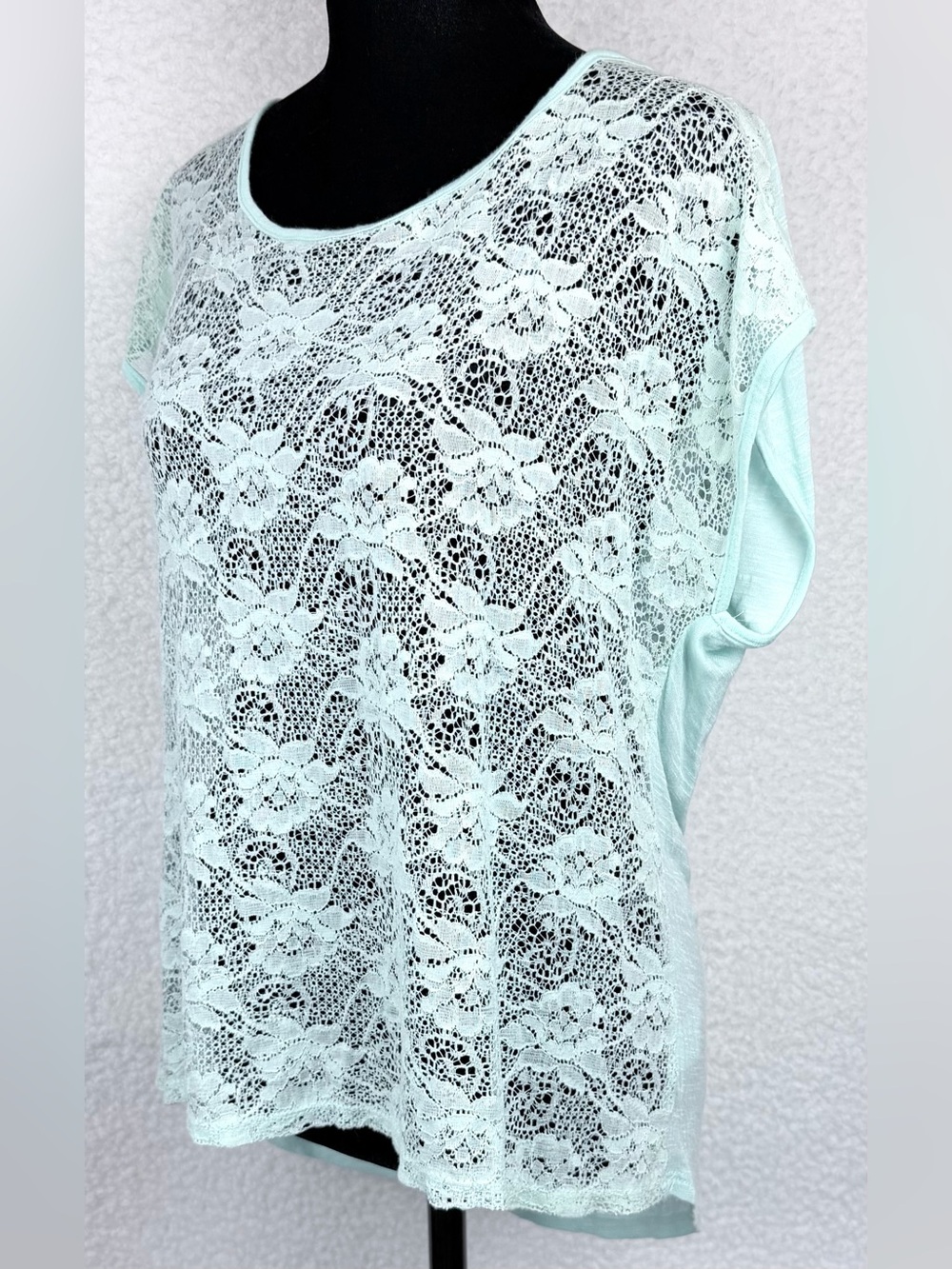 CHLOE K • Minty Blue Floral Lace Open-Back Short Sleeve Blouse Top, L - Picture 3 of 11
